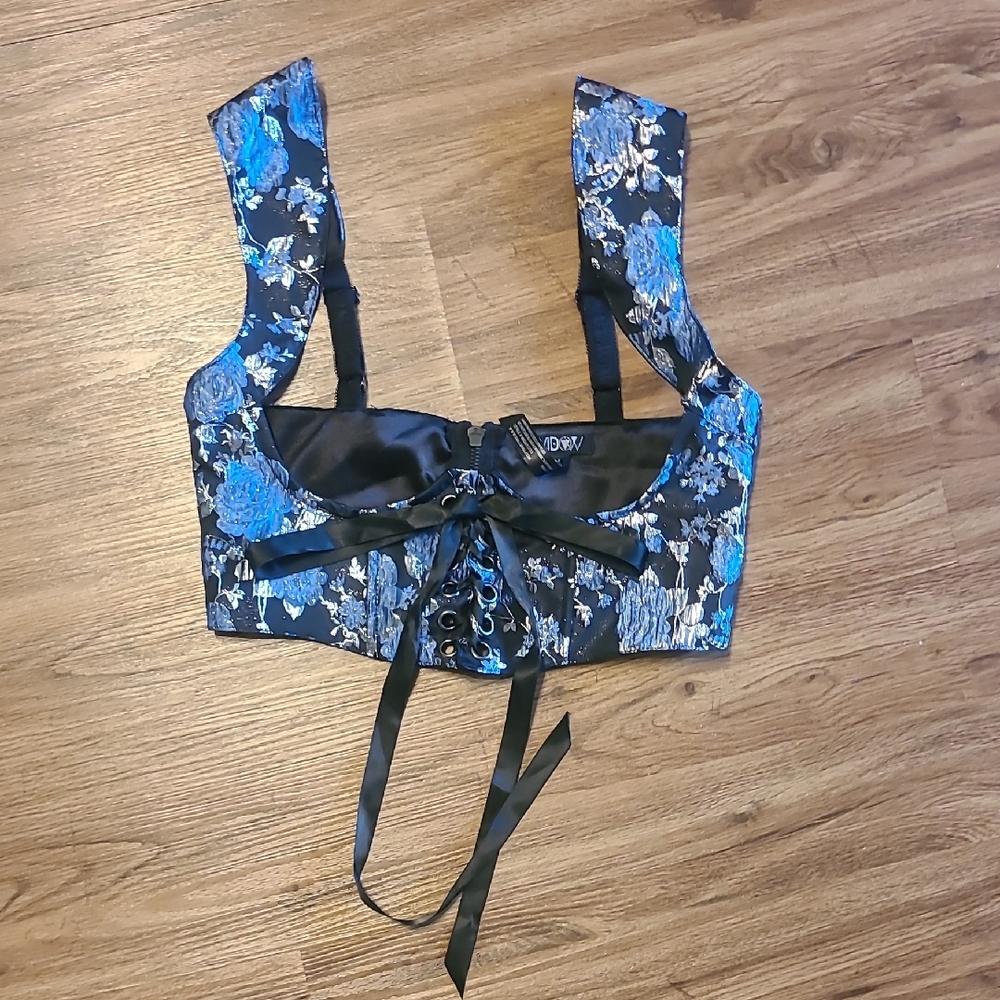 Chic Black and Blue Floral Lace-Up Corset